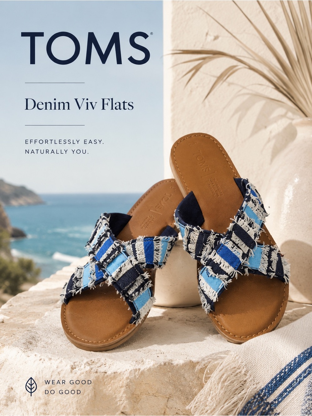 Toms blue denim slip on slides Viv flats size 8.5